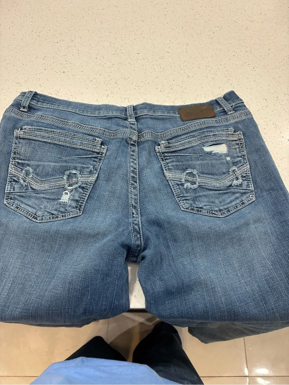 BKE Men's Blue Straight-Leg Jeans with Back Pocket Distress